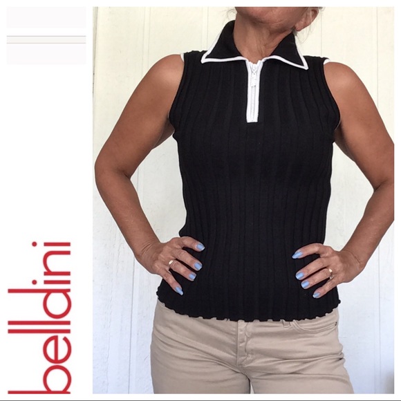 BELLDINI BLACK RIB KNIT SLEEVELESS RHINESTONE ZIPPER SWEATER SMALL - Picture 1 of 14